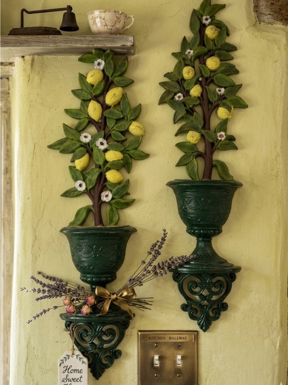 Vintage Homco Lemon Tree Wall Planters Pair Italianate Mediterranean Green Urn